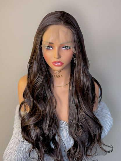 Aura 26" Chocolate Brown Body Wave Lace Front Wig. - Sedna Wigs