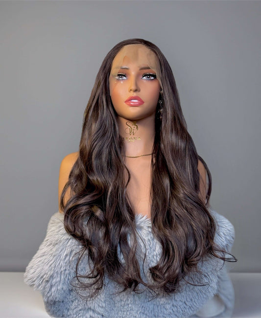 Aura 26" Chocolate Brown Body Wave Lace Front Wig. - Sedna Wigs