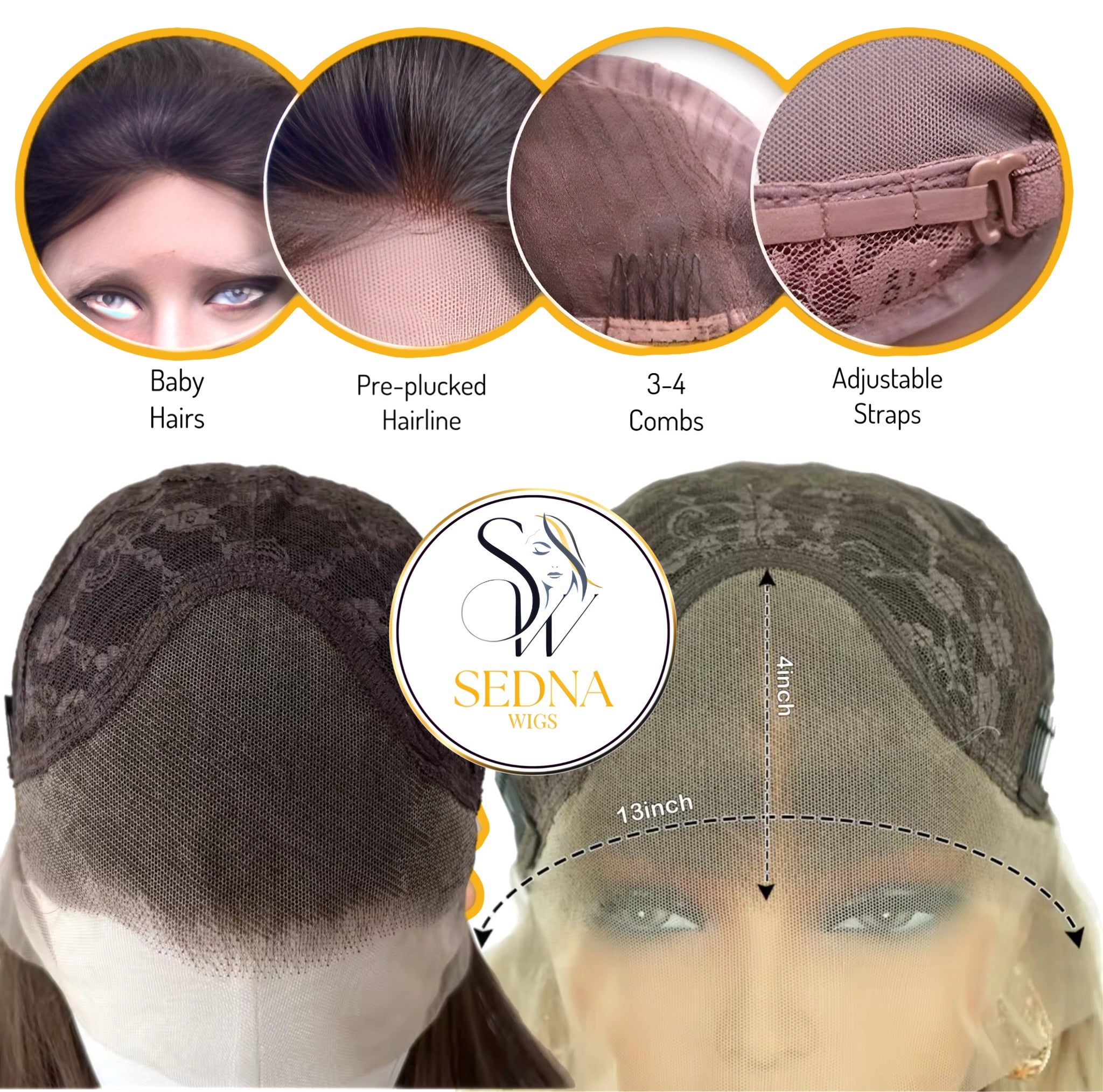 Sedna wig with detailed features and close-ups on a white background