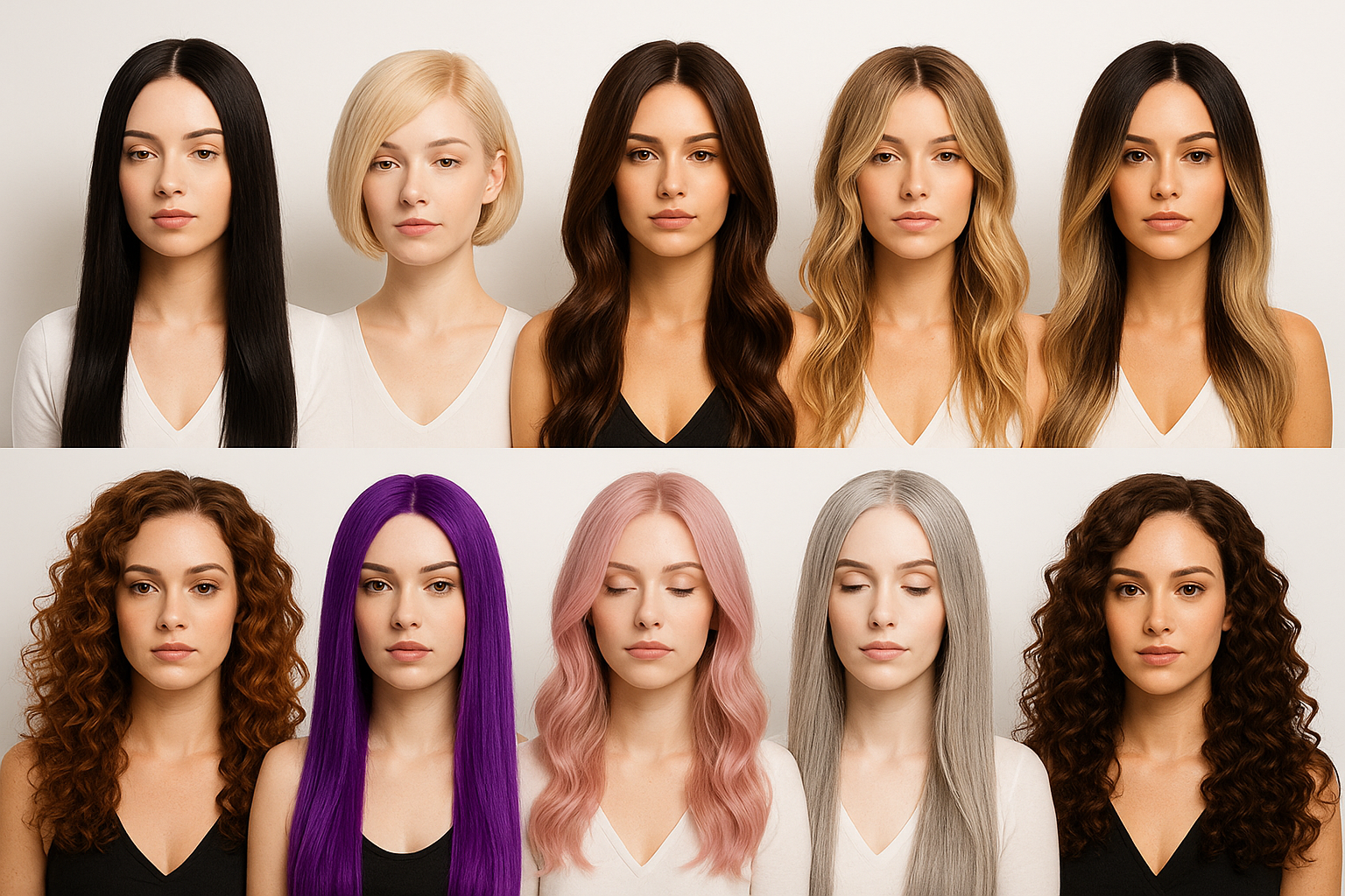 A collection of 10 luxurious wigs in various styles: straight, short, long, wavy, ombre, curly, and colored.