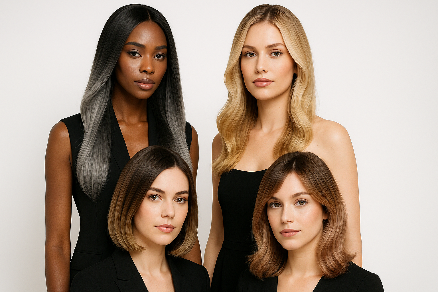 Models showcasing luxury, premium ombre wig shades.