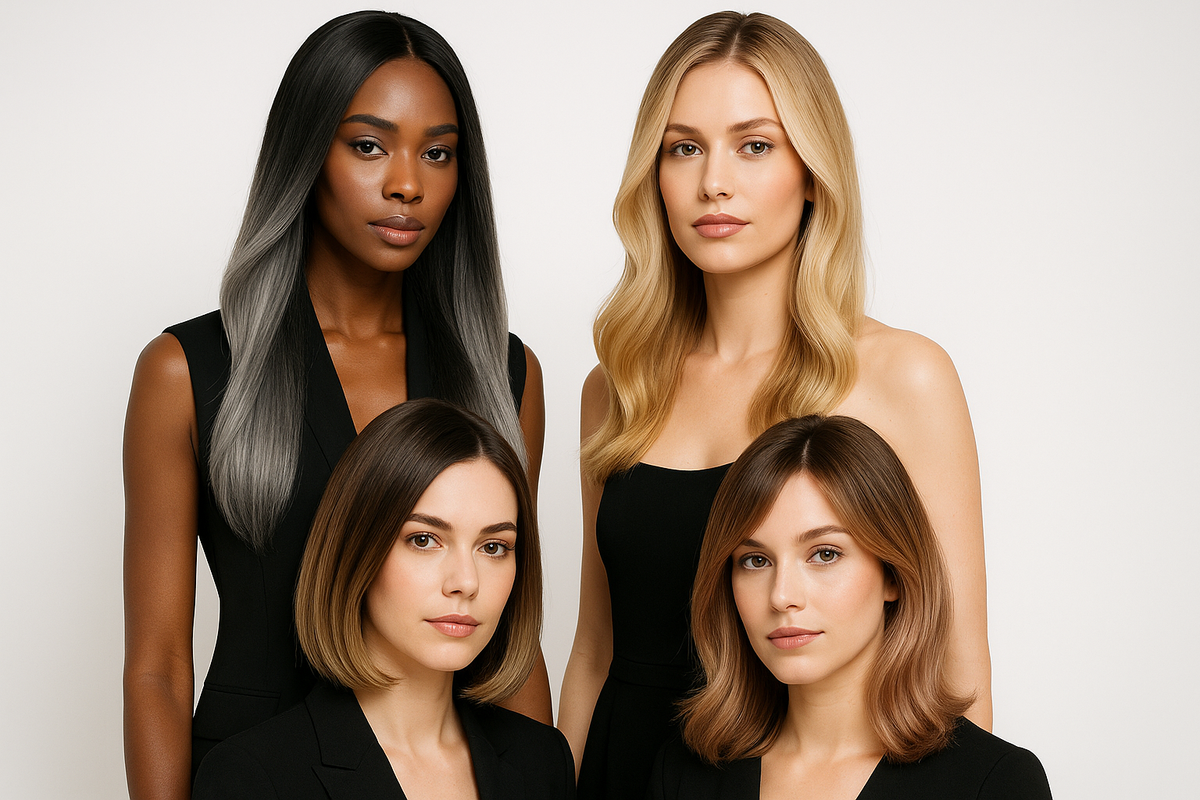 Models showcasing luxury, premium ombre wig shades.